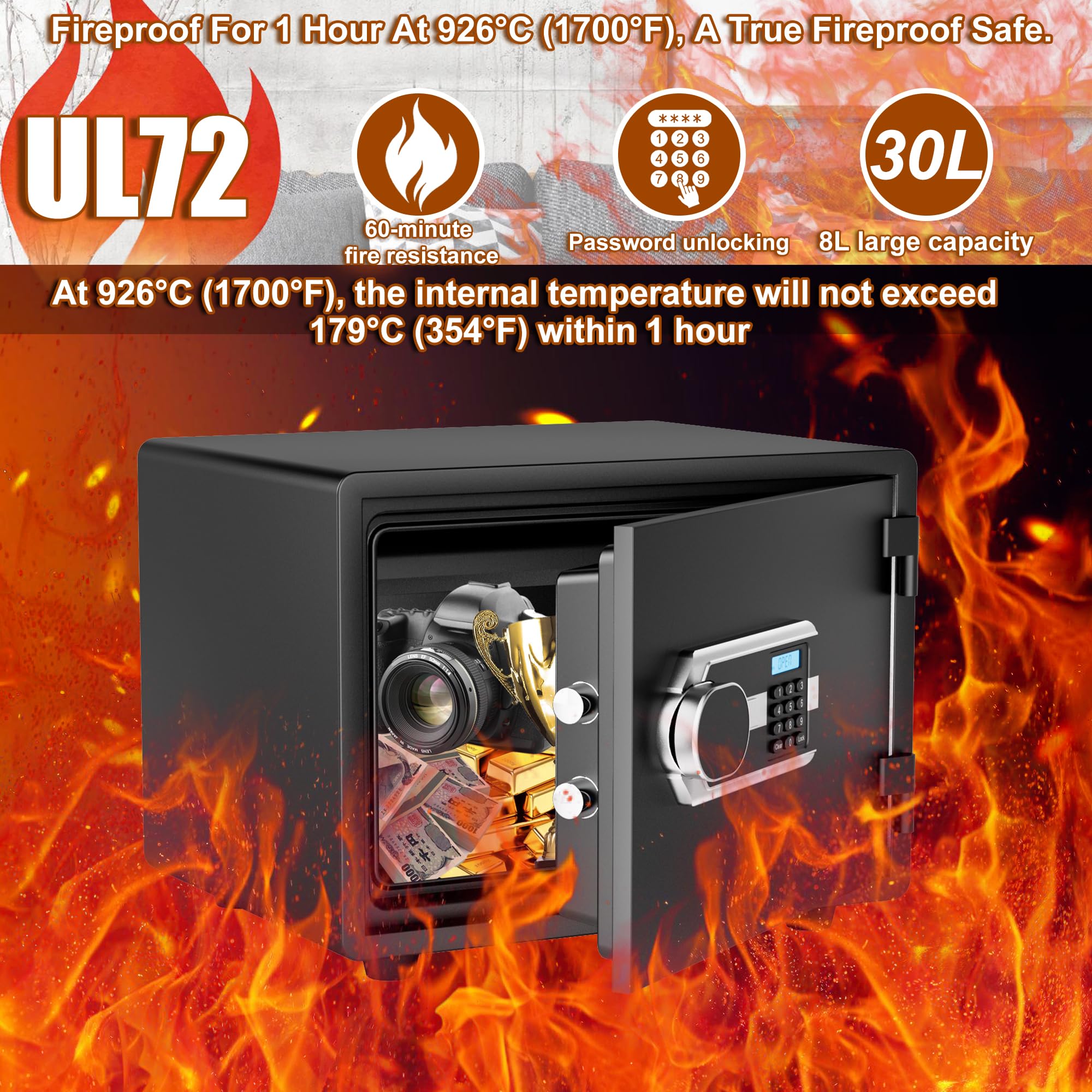 Wasserdichter und feuerfester Safe mit digitaler, 40 kg schwerer, 1 Stunde feuerfester Tresor, geräuschloser Modus, Tastatur mit Hintergrundbeleuchtung, Heimsafe für Medizin, Geld, Wertsachen