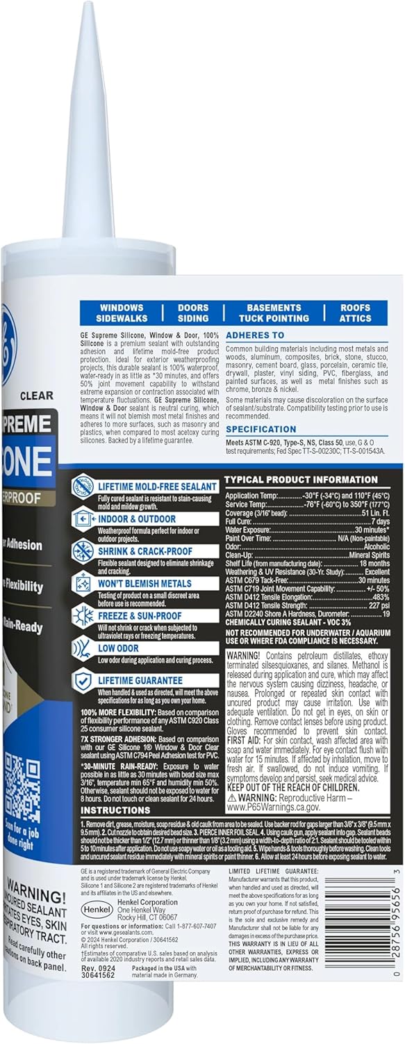 GE Supreme Silicone Caulk for Window & Door, Clear, 10 fl oz Cartridge, 12 Pack - 100% Waterproof Silicone Sealant, 7X Stronger Adhesion, Shrink & Crack Proof
