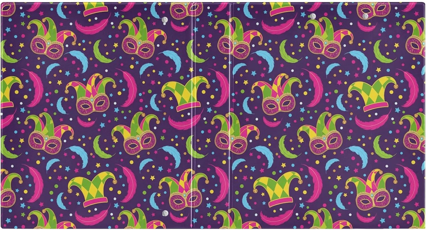 Mardi Gras Mask 3 Ring Binders, 1.5” Round Ring Binders with Clipboard - Letter Size, 3 Interior PVC Clear Pockets & Anti-Slip Clip for Office School Supplies, 2PCS