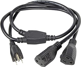 2 Way Power Splitter and 3' Extension Cord - 3 Pack - 1 to 2 Cable Strip with 3 Pronged Outlet and Y Style Extension Cord – Black - SJT 16 AWG – by Luxury Office