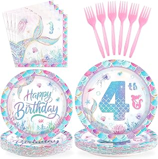 Grencian 96PCS Mermaid Birthday Party Decorations Mermaid 4th Birthday Plates and Napkins Disposable Little Mermaids Tableware Set for Girls 4 Year Old Girl Party Supplies, Serves 24