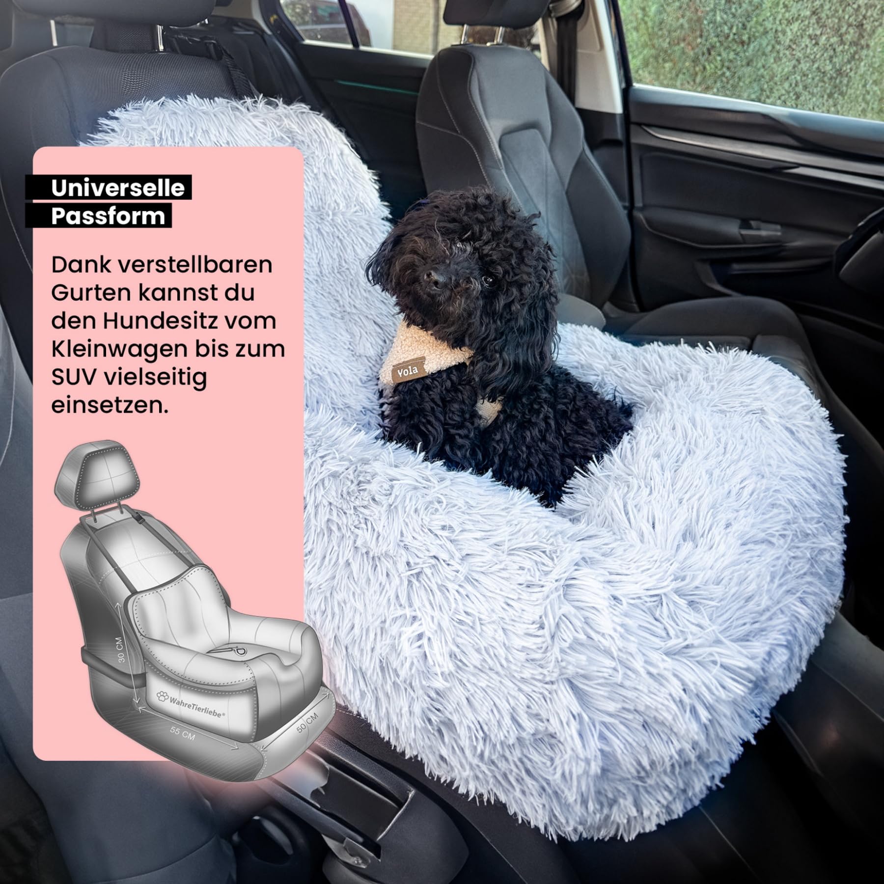 Wahre Tierliebe Hunde Autositz Fluffy inkl. Sicherheitsgurt - waschbarer Hundesitz Auto in schwarz/weiß für kleine, mittlere & große Hunde I Autositz Hund, Hundeautositz, Hund Auto, Hundebox