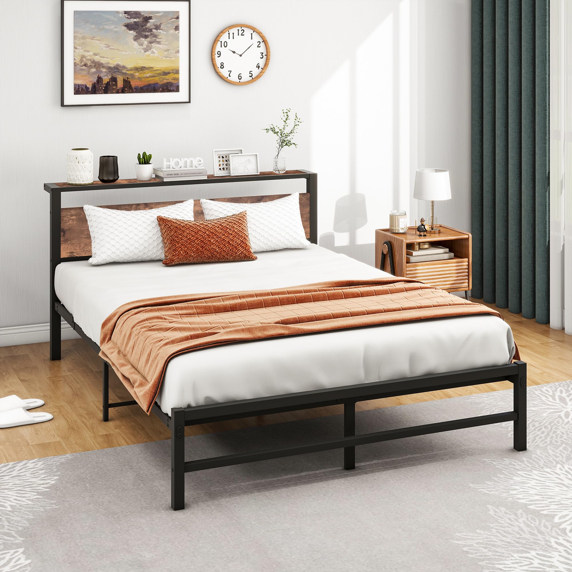 Struttura Letto King Size Con Testiera In Legno: Telaio In Acciaio, Senza Rumore, Supporto 600 Kg