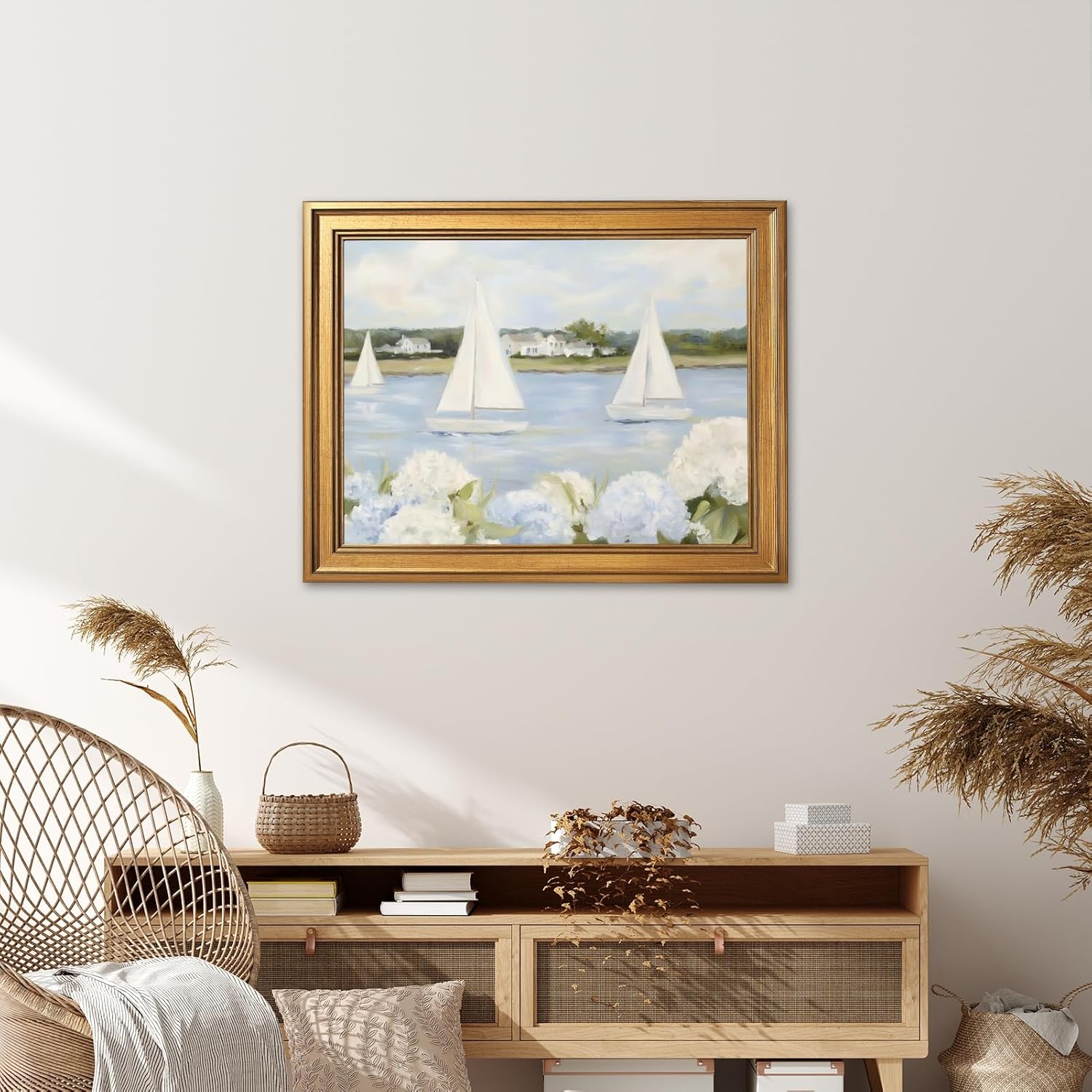 Licpach Grandmillennial Preppy Coastal Wall Art Nautical Sailboat Blue White Floral Canvas Print Vintage Seaside Beachy Cottagecore Decor Posters forBathroom Bedroom Aesthetic 16X24inch Golden Frame