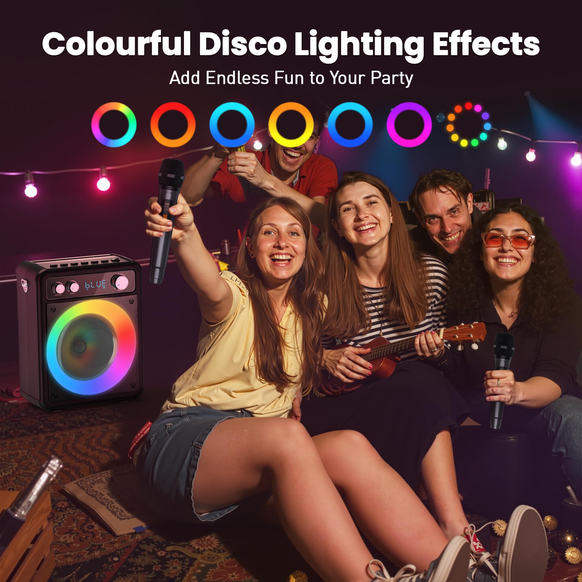 Tragbare Karaoke Maschine mit 2 Drahtlosen Mikrofone, Ankuka 15W Bluetooth Lautsprecher Box für Erwachsene/Kinder mit LED Lichteffekte, Unterstützt TF/USB, FM, Rec, AUX in, TWS für Party, Geburtstag