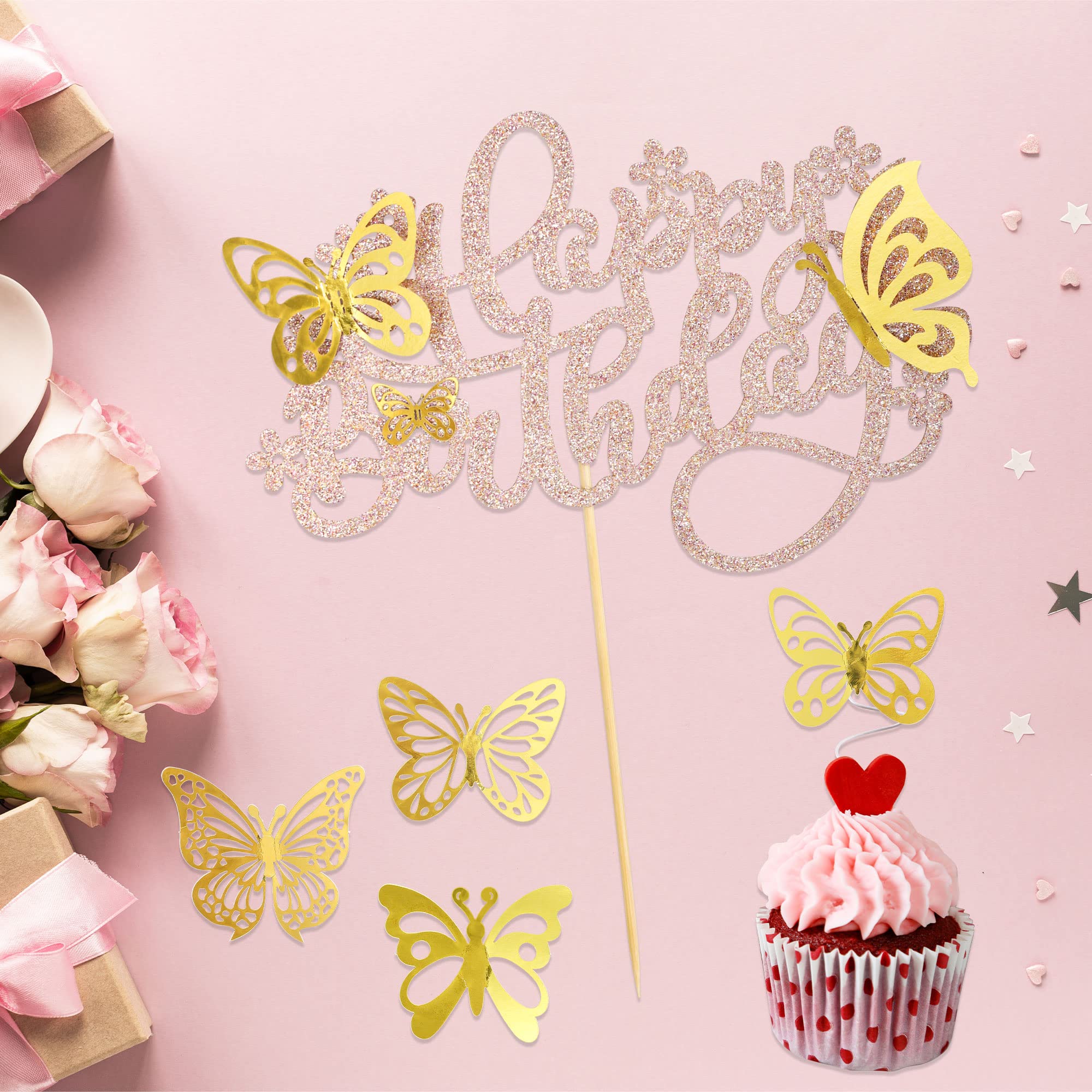 XIEMOMO 17-Piece Happy Birthday Cake Topper Set – 3D Butterflies, Bows & Acrylic Sign, Purple/Gold - View #6