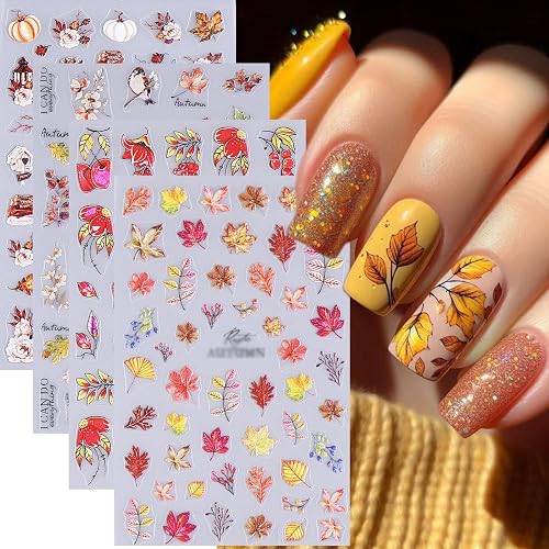 Fall Nail Art Stickers Maple Leaf Nail Decals 4PCS Shell Light Embossed Nail Stickers Thanksgiving Nails Supplies Cute Sparrow Squirrel Autumn Leaves Pumpkin Nails Design Sticker for Women - Fallen Leaves