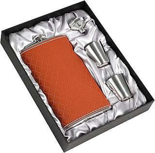 Flask For Men,350ml/12oz Hip Flask,304 Food Grade Stainless Steel,2 Cups And Funnel Portable Gift Box For Whiskey Rum Groomsman Best Man Usher Wedding-Leather Rhomboid Stripe Brown