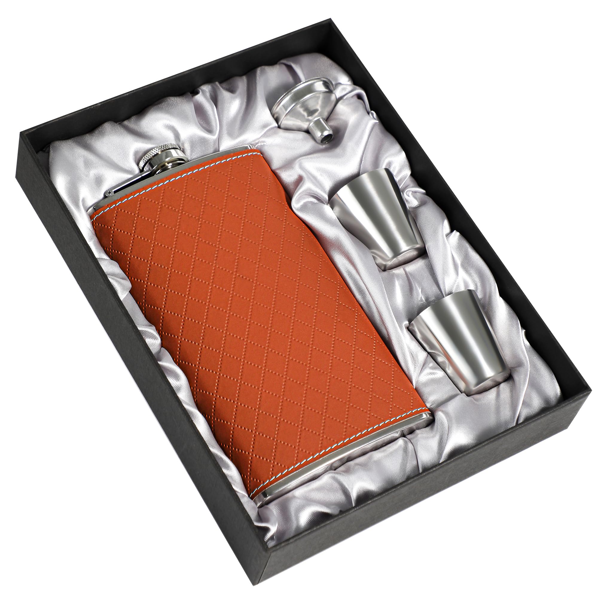 LHD HOME Flask for Men,350ml/12oz Hip Flask,304 Food Grade Stainless Steel,2 Cups and Funnel Portable Gift Box for Whiskey Rum Groomsman Best Man Usher Wedding-Leather Rhomboid Stripe Brown
