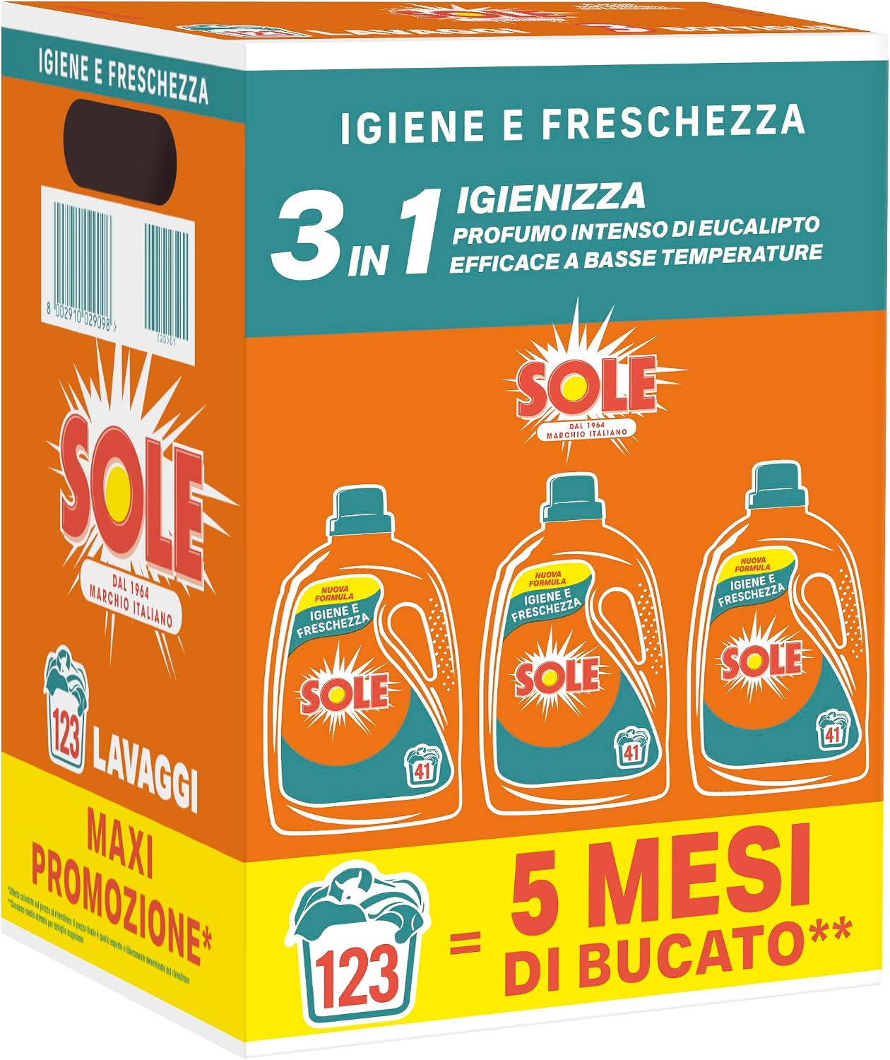 Sole Detersivo Lavatrice Igiene e Freschezza 123 Lavaggi, Formula igienizzante, Detersivo Lavatrice Liquido Igiene e Freschezza, rimuove le macchie a basse temperature