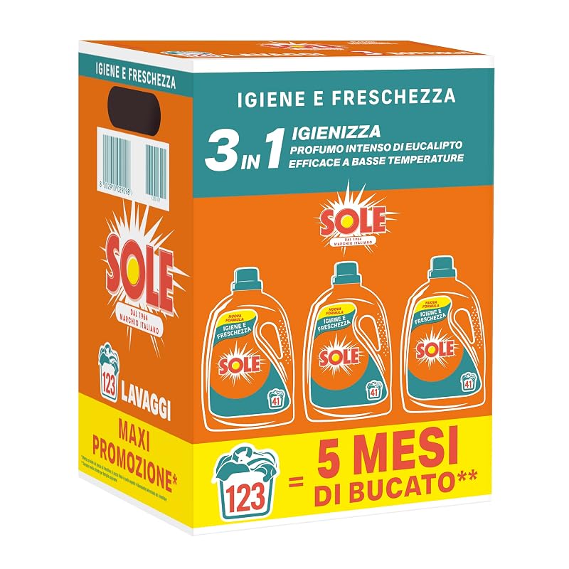 Sole detersivo lavatrice, 3 flaconi da 123 lavaggi totali — scorta senza pensieri per mesi