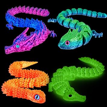 3D Printed Animal 3D Printing Toys Articulating Large 3D Printed Animal Figurine Snake, Dragon, Alligator Gecko Fidget Toy Best Home Decoration & Gift 4 Pack
