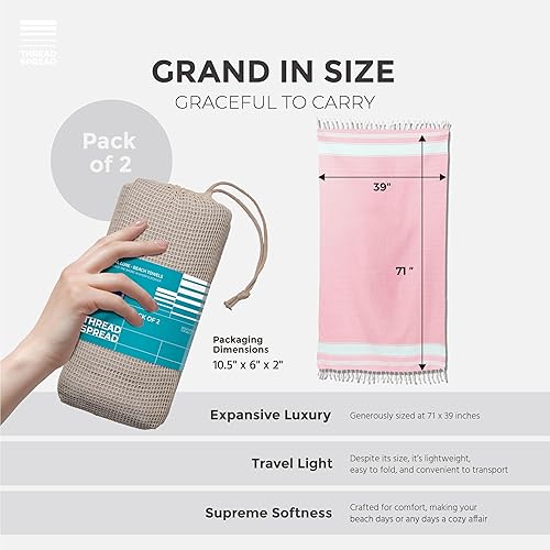 Miniatura 5 de THREAD SPREAD Juego de 2 toallas de playa 100 % algodón de gran tamaño, 39 x 71 pulgadas, con bolsa, de secado rápido y suaves, duraderas para