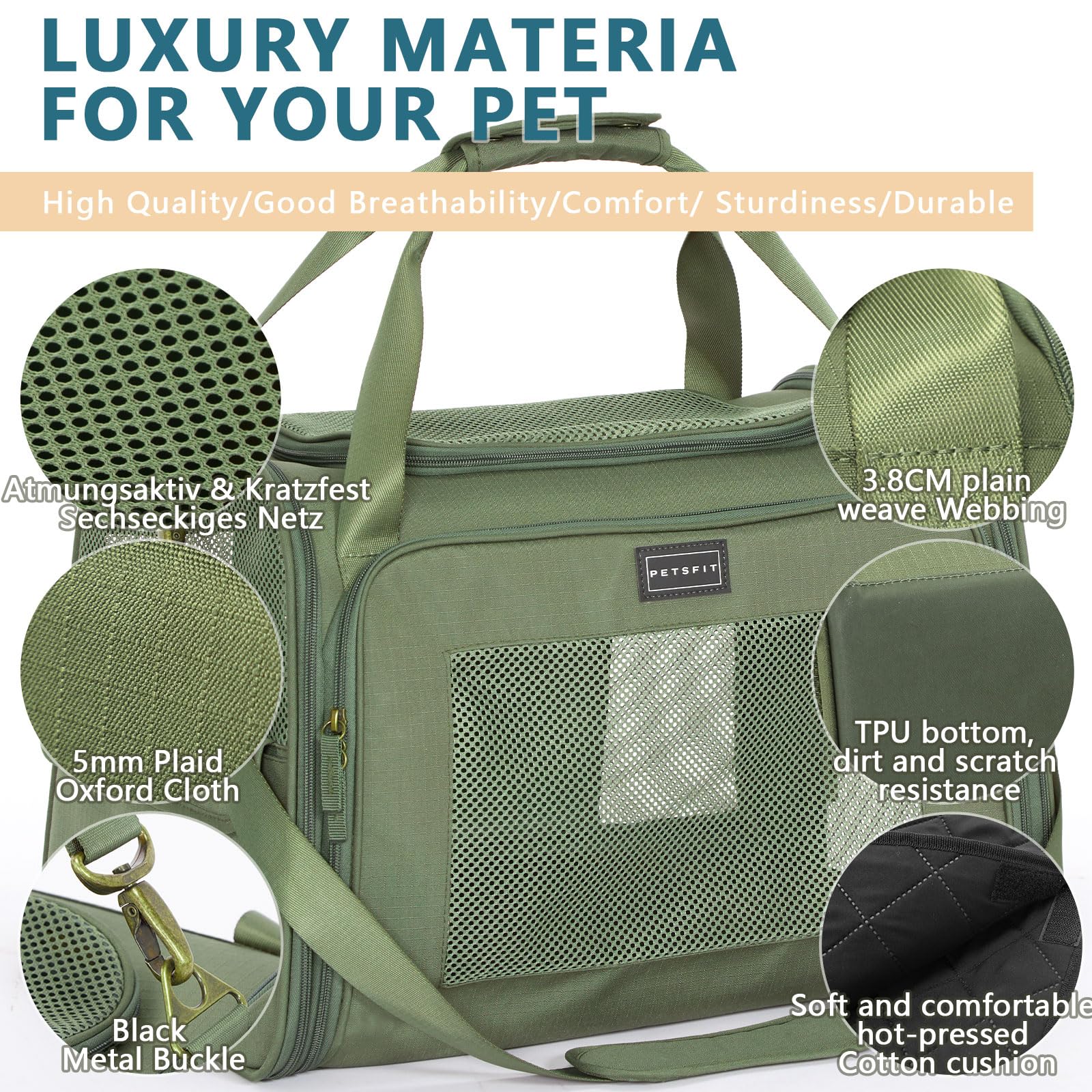 Petsfit Transportín Perro Gato Plegable Transportin Gato Mochila Mediano Grande Bolso Perro Pequeño Transpirable con Tirantes Ajustables y Acolchado Suave Coche y Tren, L/Verde