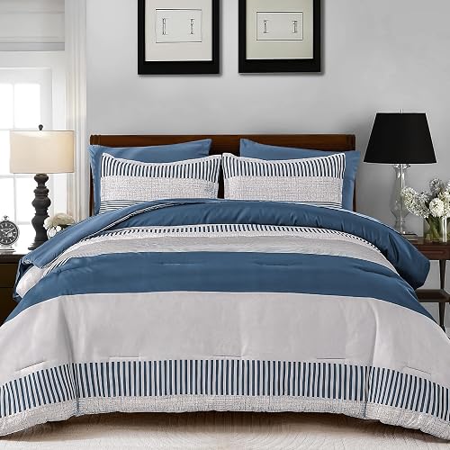 Cottolester Queen Comforter Set 7 Pieces,Mineral Blue Striped Design Comforter
