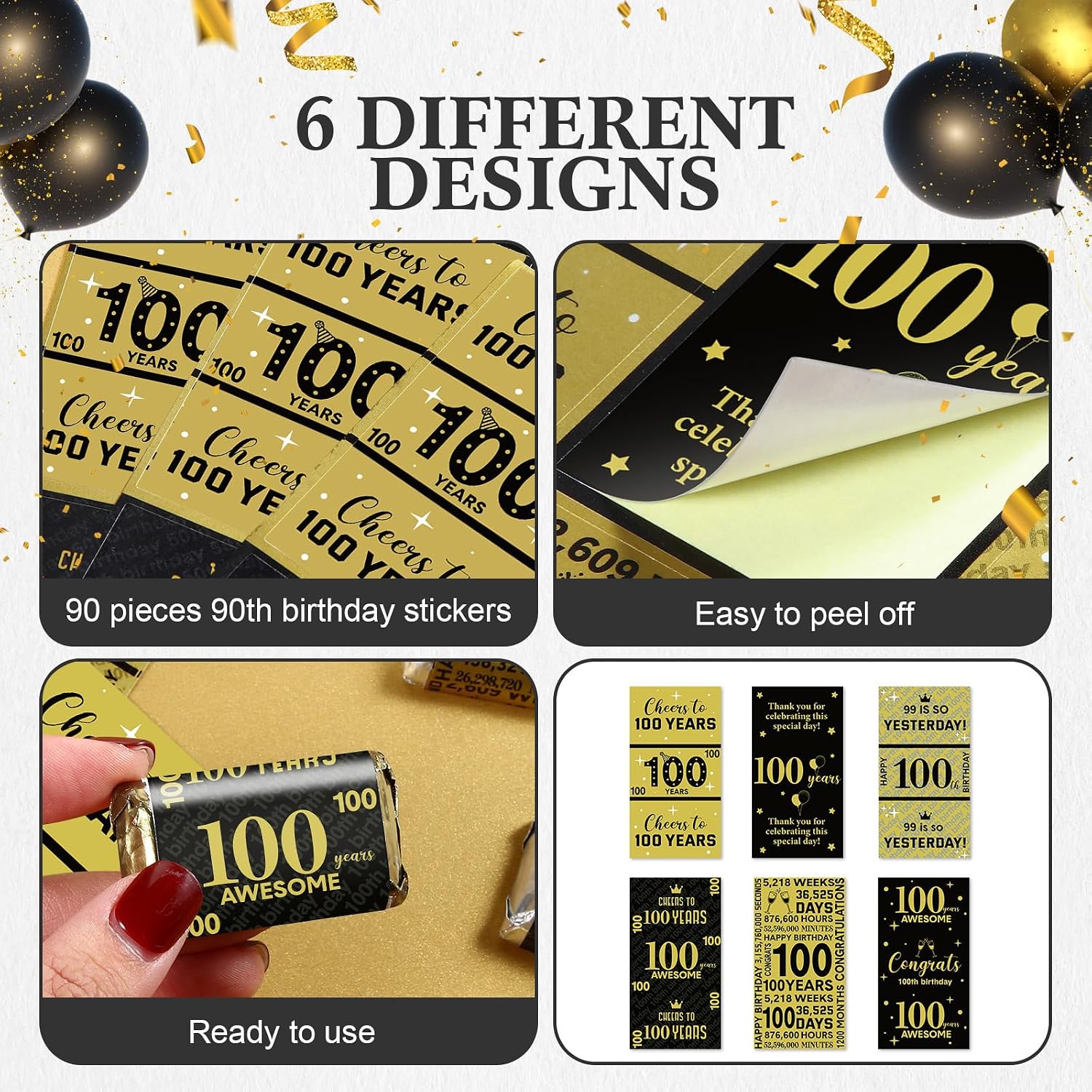 Tenare 90 Pcs 100th Birthday Candy Wrappers, Black and Gold Stickers image 3