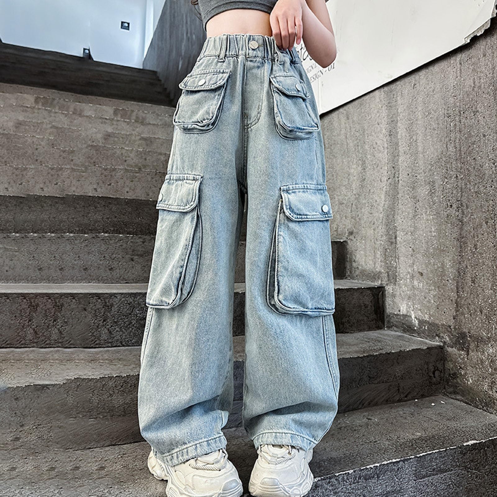 Vaqueros para niños Corte Amplio sin apretar Vaqueros de Cintura Media para Primavera, Verano y otoño Jeans de Pierna Ancha Elásticos y cómodos Jeans con cordón Ajustable Corte Amplio sin apretar