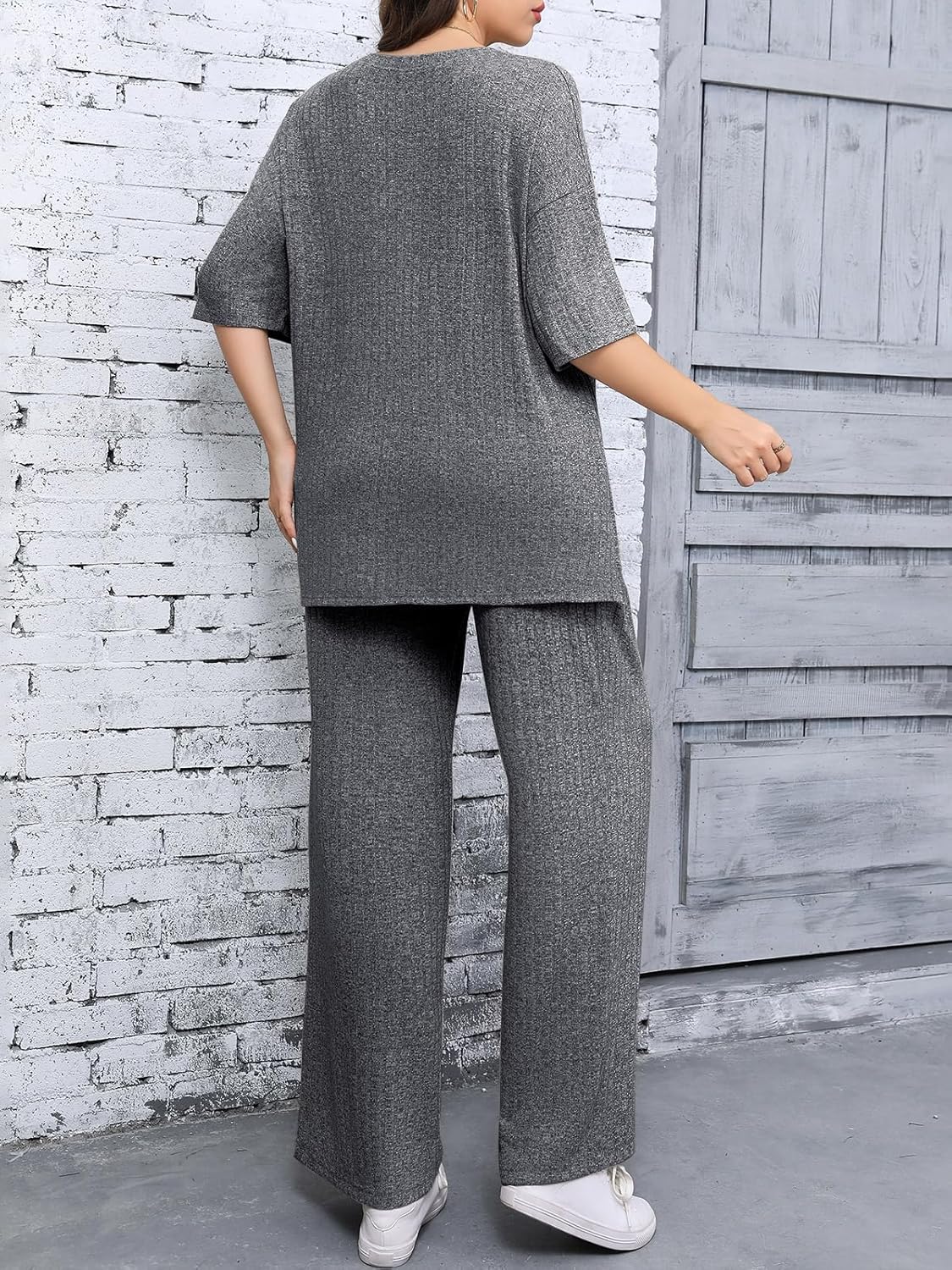 Beautife Womens Plus Size 2 Piece Lounge Sets Ribbed Short Sleeve Tops and Wide Leg Pants Set Travel Airport Outfits - Image 5