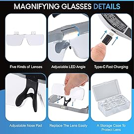 YOCTOSUN Head Magnifier Glasses with 3 LED Lights, Storage Case, Head Strap and 5 Detachable Lenses 0.75X,1.25X,2.0X,3.0X 4.0X, Hands Free Magnifying Glass for Close Work, Hobby & Crafts