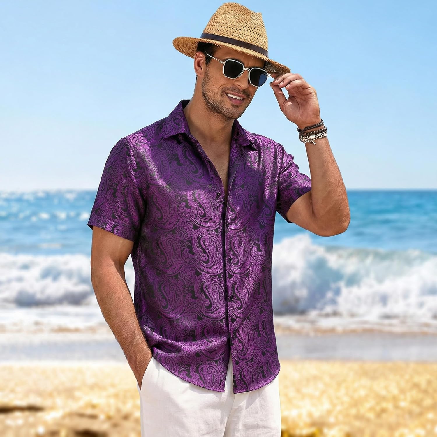 Barry.Wang Men's Short Sleeve Shirt Silk Paisley Button Down Shirt for Men Western Casual Beach Summer Hawaiian Party Mexico