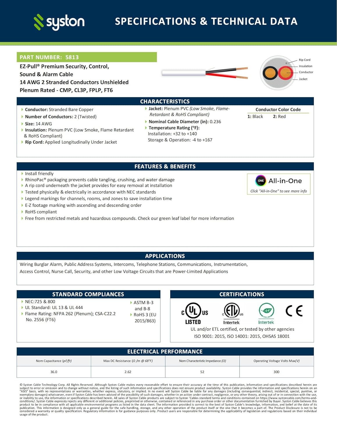 SYSTON 14 AWG 2 Conductors Fire Security Alarm Control Low Voltage Cable Wire, 14/2 100% Stranded Copper, Plenum-Rated CMP/CL3P for High Fire Resistance, UL/ETL, for 0-30V Applications, Unshielded