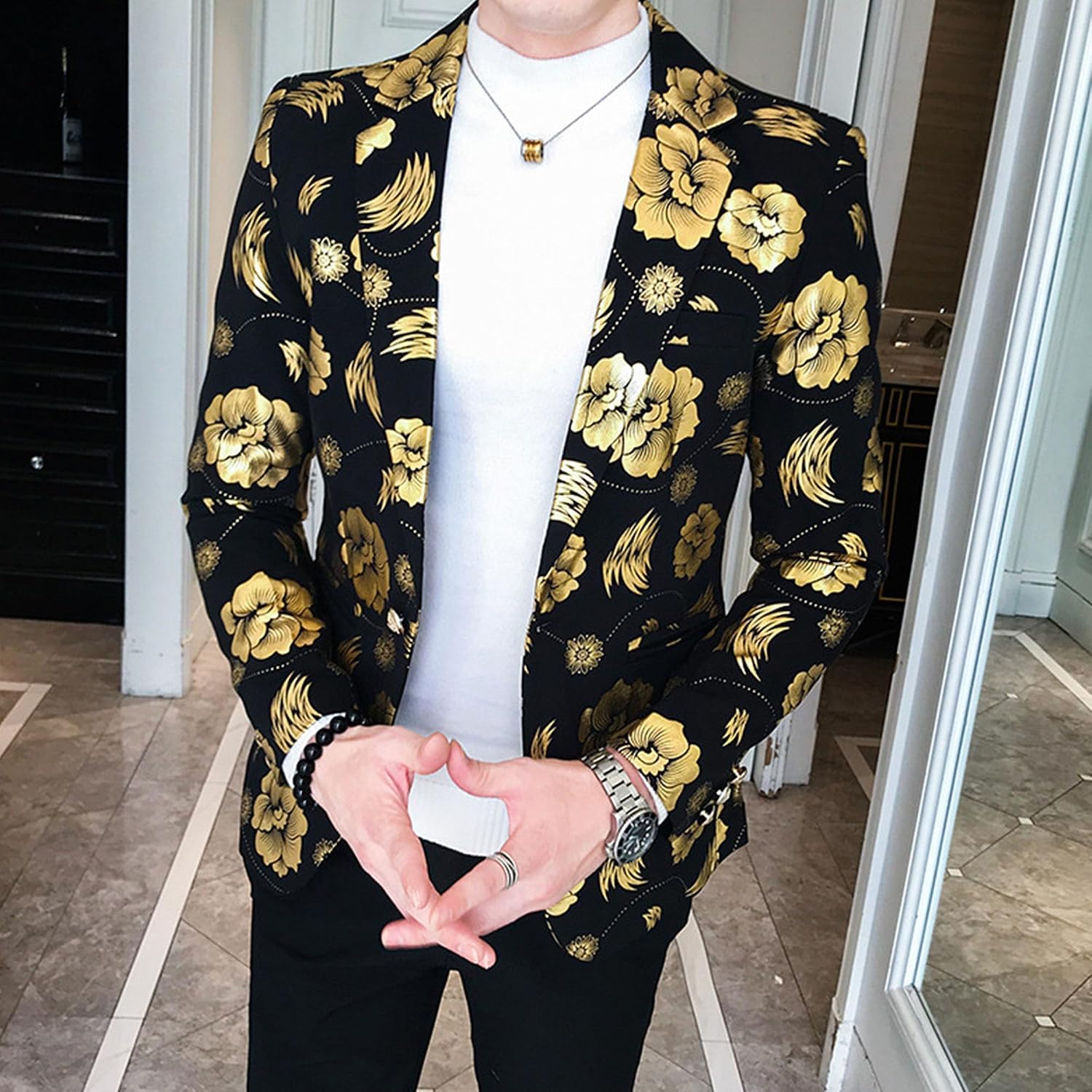 Men Casual Perform Prom Suit Jacket Vintage Floral Gild Printed Blazer Coat Fashion Suit Lapel One Button Formal Jacket