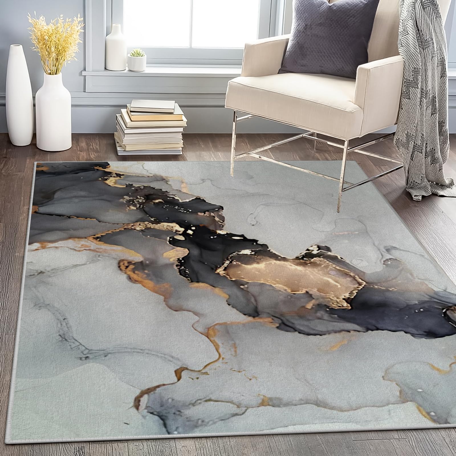 Teppich Quadratisch 150x150 Grau Marmor Teppich Kurzflor Waschbar in Waschmaschine Drucken Teppich Gegend rutschfest Dünn Saugfähig für Wohnzimmer Schlafzimmer Küchen