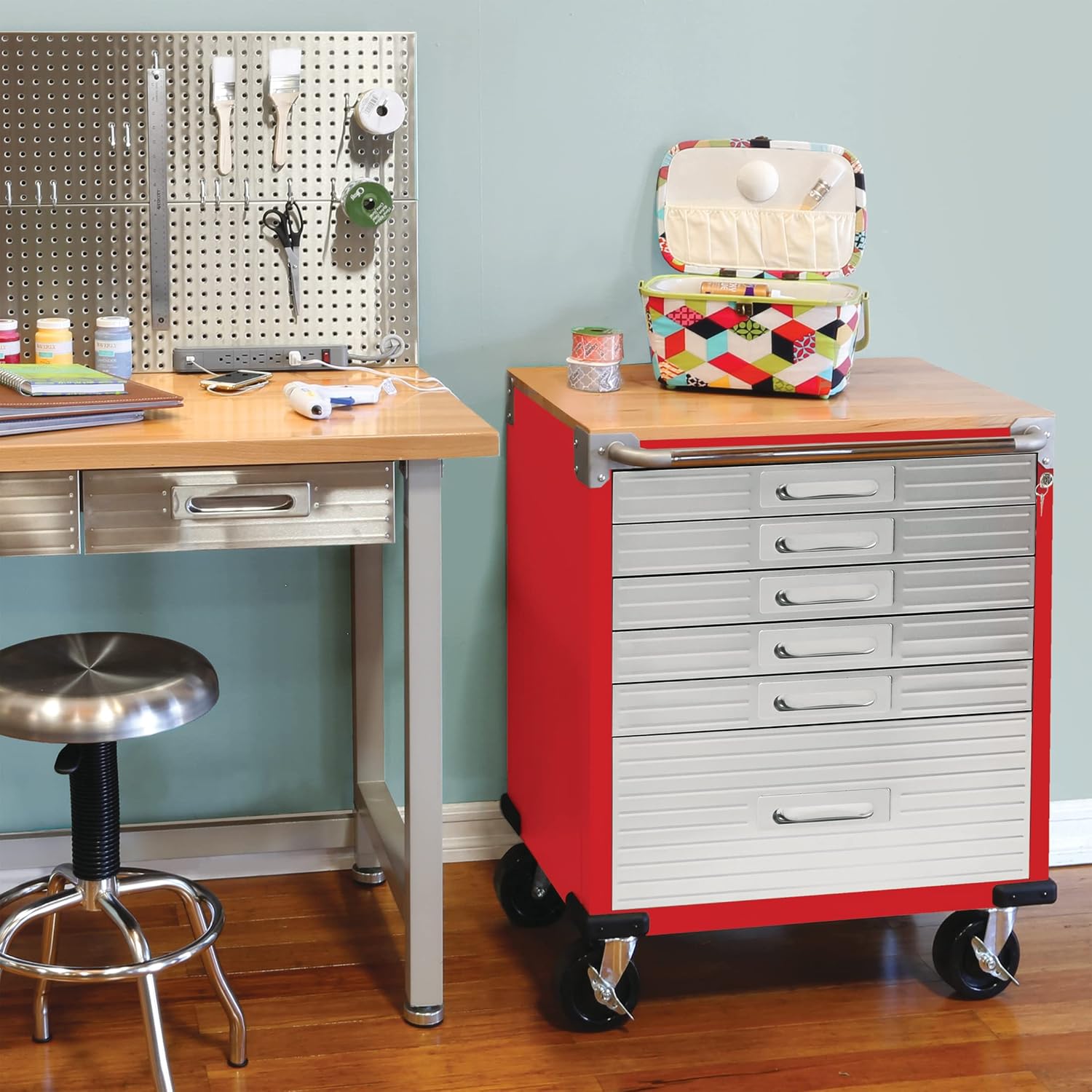 Seville Classics UltraHD Heavy Duty Rolling Cabinet Workbench Table w/Solid Wood Top, Workstation for Garage, Office, Workshop, Red, 6-Drawer (28" W x 18" D