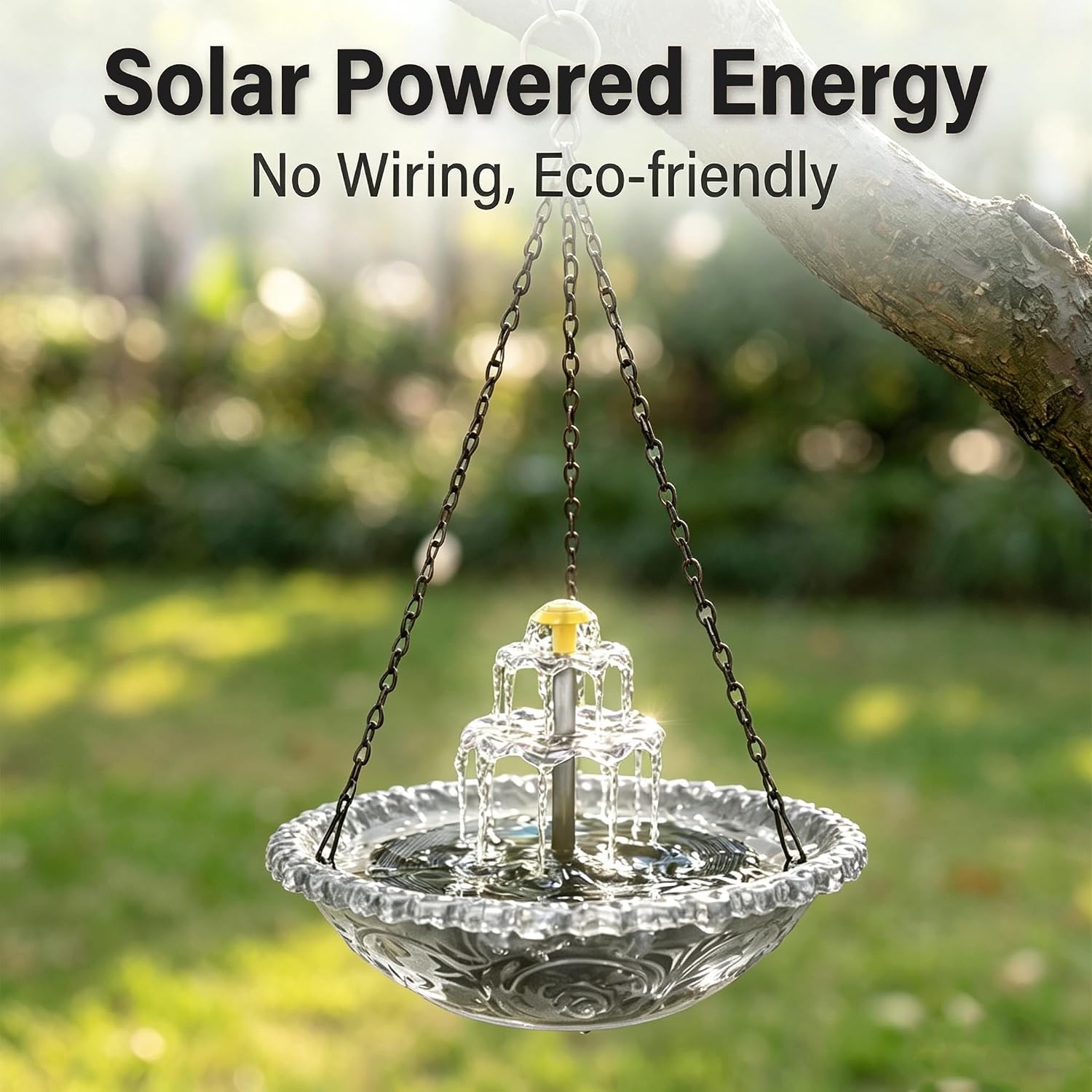 Solar Cascade Hanging Bird Bath, 3-Layer Powered Birdbath Fountain, Grey | Outdoor Water Dispenser for Hummingbirds, Hummingbird Bath Shower Bowl for Garden Yard