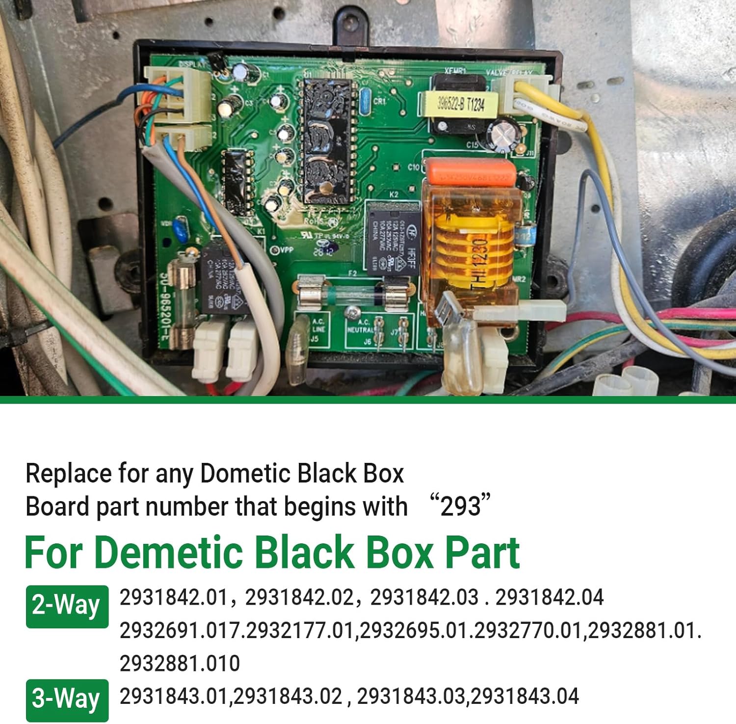 Close-up of an installed Dometic black box board, showing wiring connections