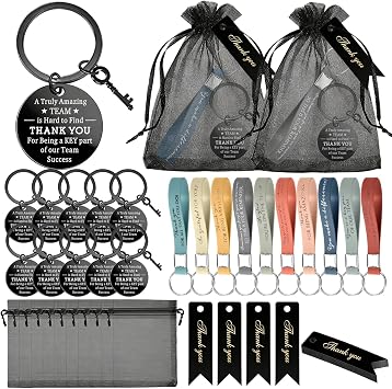 Employee Appreciation Gifts Bulk, Team Gifts for Employees & Office Staff, Thank You Gifts for Coworkers, 10 Sets/ 40 Pcs Thank You Keychains, Organza Bags & Cards