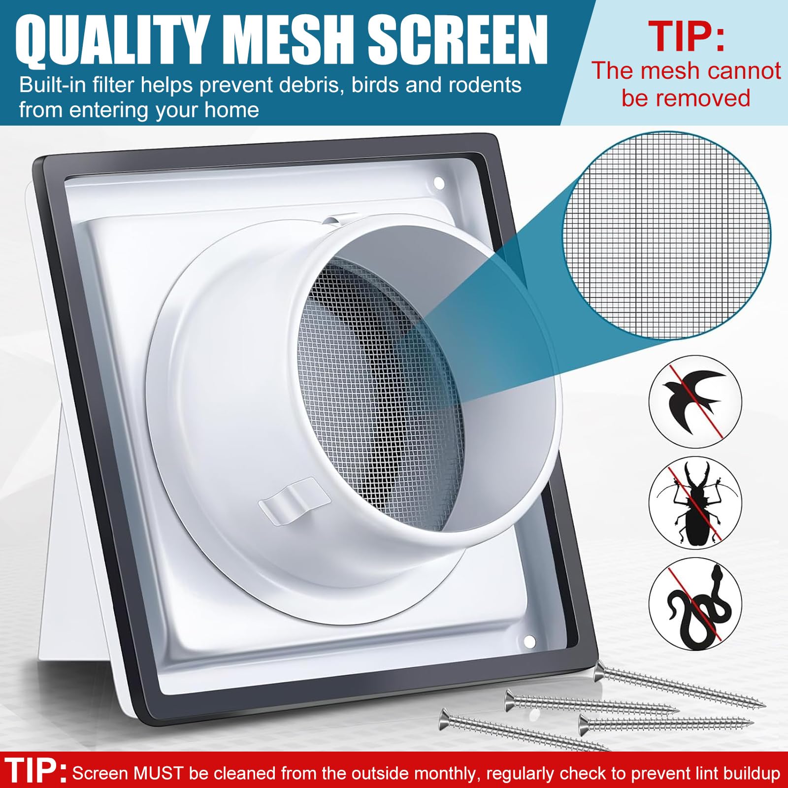 Gisafai Cubierta de ventilación para secadora de 4 pulgadas para exteriores con pantalla de acero inoxidable, cubierta de ventilación de escape para secadora de pared, tapa externa, solapa acolchada