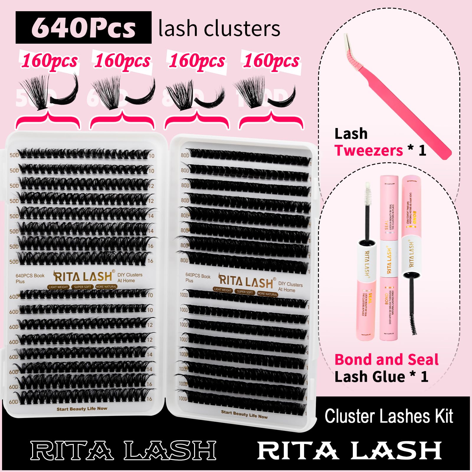 RITALASH Lash Extension Kit DIY 640pcs Lash Clusters Eyelash Extension, 10-16mm Individual Lashes with Lash Bond and Seal - Image 3
