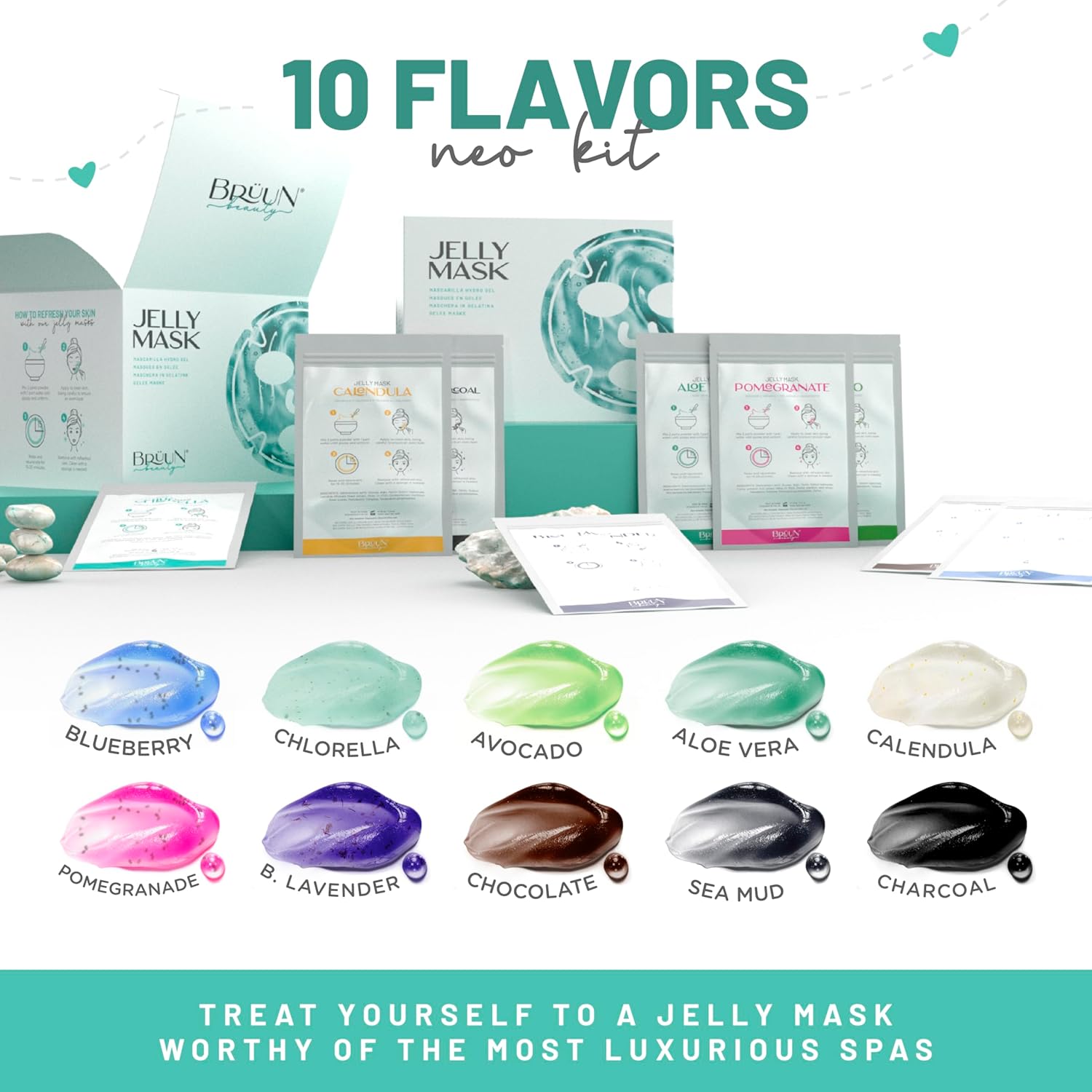 BRÜUN Peel-Off Jelly Mask Rubber Mask NEO Set - 10 Treatments (Chocolate, Aloe Vera, Avocado, Bamboo Charcoal, Calendula, Sea Mud, Pomegranate, Chlorella, Blueberry and lavender)