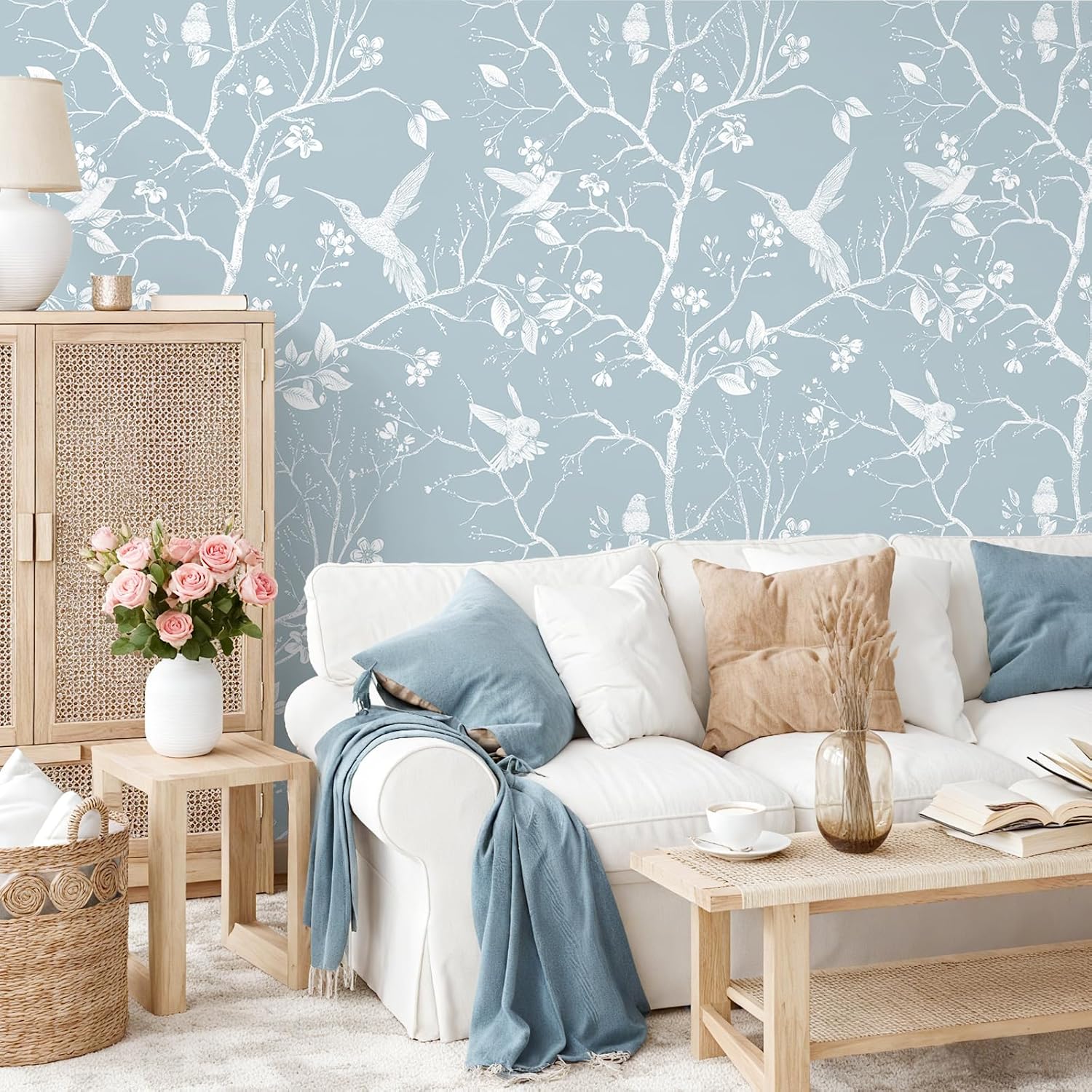 VEELIKE Vintage Blue Cherry Blossom Bird Wallpaper Peel and Stick Chinoiserie Wallpaper for Bedroom Nursery 17.7''x354'' Removable Self Adhesive Blue Floral Wall Paper for Bathroom Living Room Decor