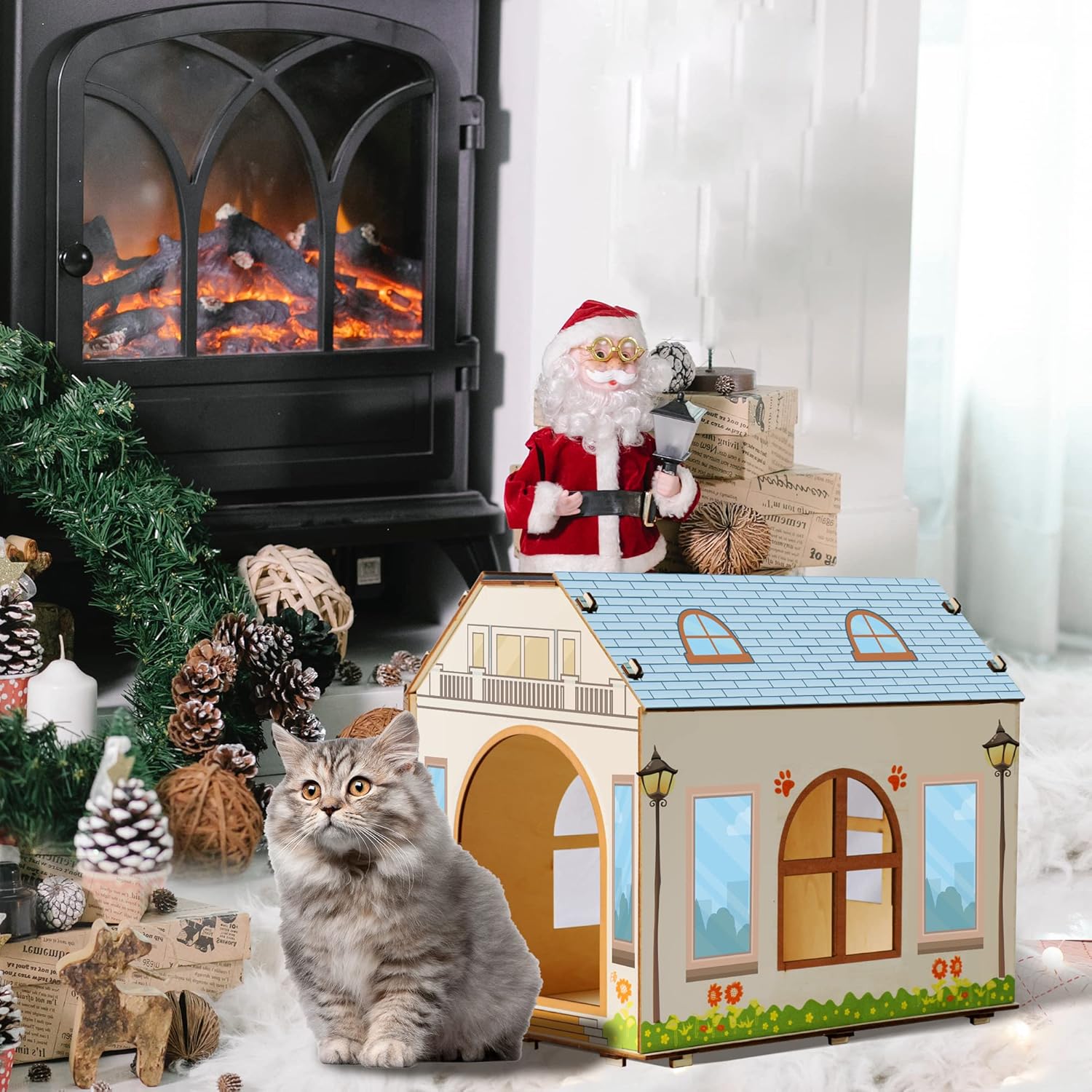 Villa-Shaped Cat House with Windows Removable Cat Shelter Large Indoor Storage Cat House for Kittens and Adult Cats, for Your Cat (Blue, 16 x 8 x 14 inches) : Pet Supplies