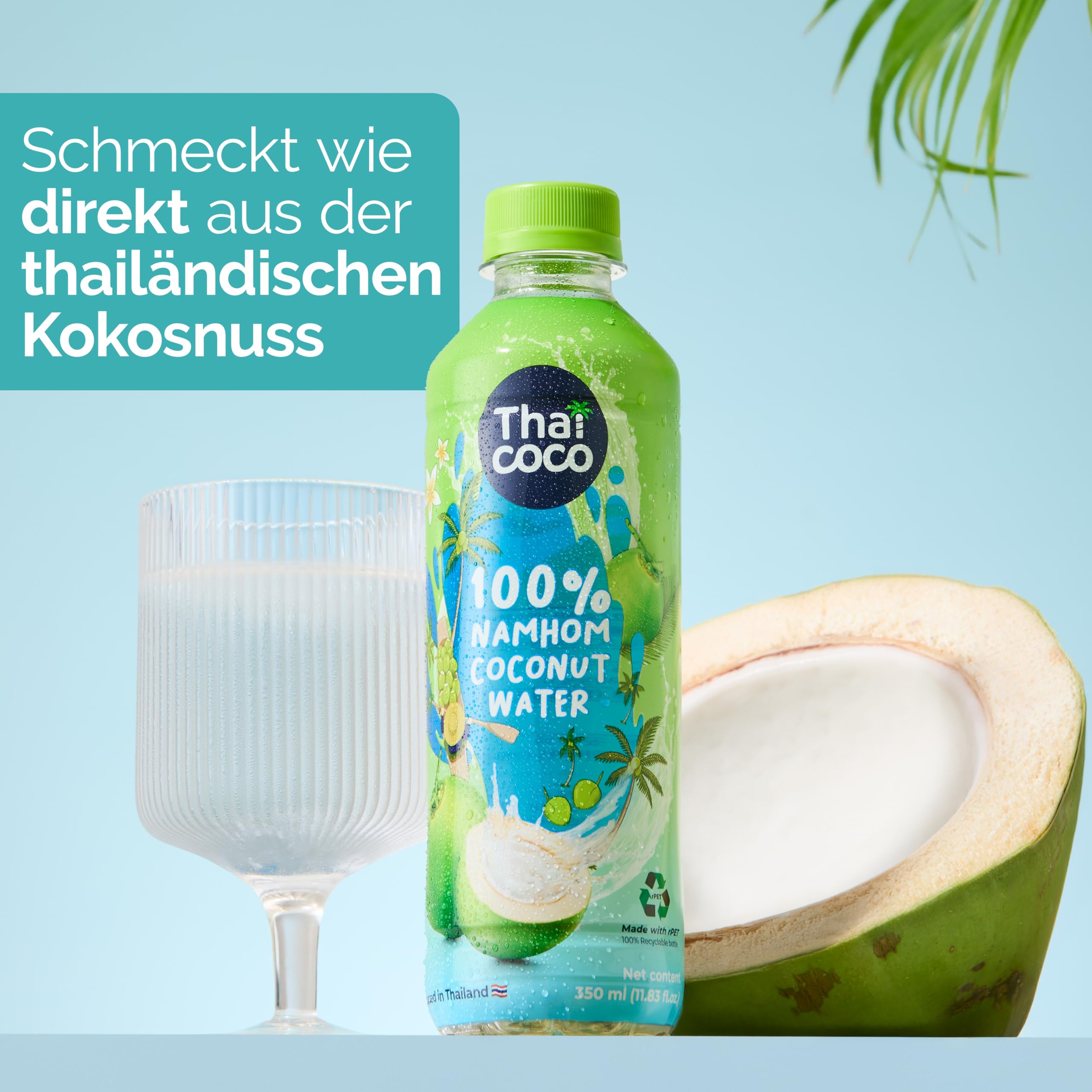 Thai Coco 100% Nam Hom Kokoswasser, natürlich hydrierend mit Elektrolyten, ohne zugesetzten Zucker, ohne Konservierungsstoffe, 24 x 350 ml PET Flasche – Frischer Geschmack aus Nam Hom Kokosnüssen