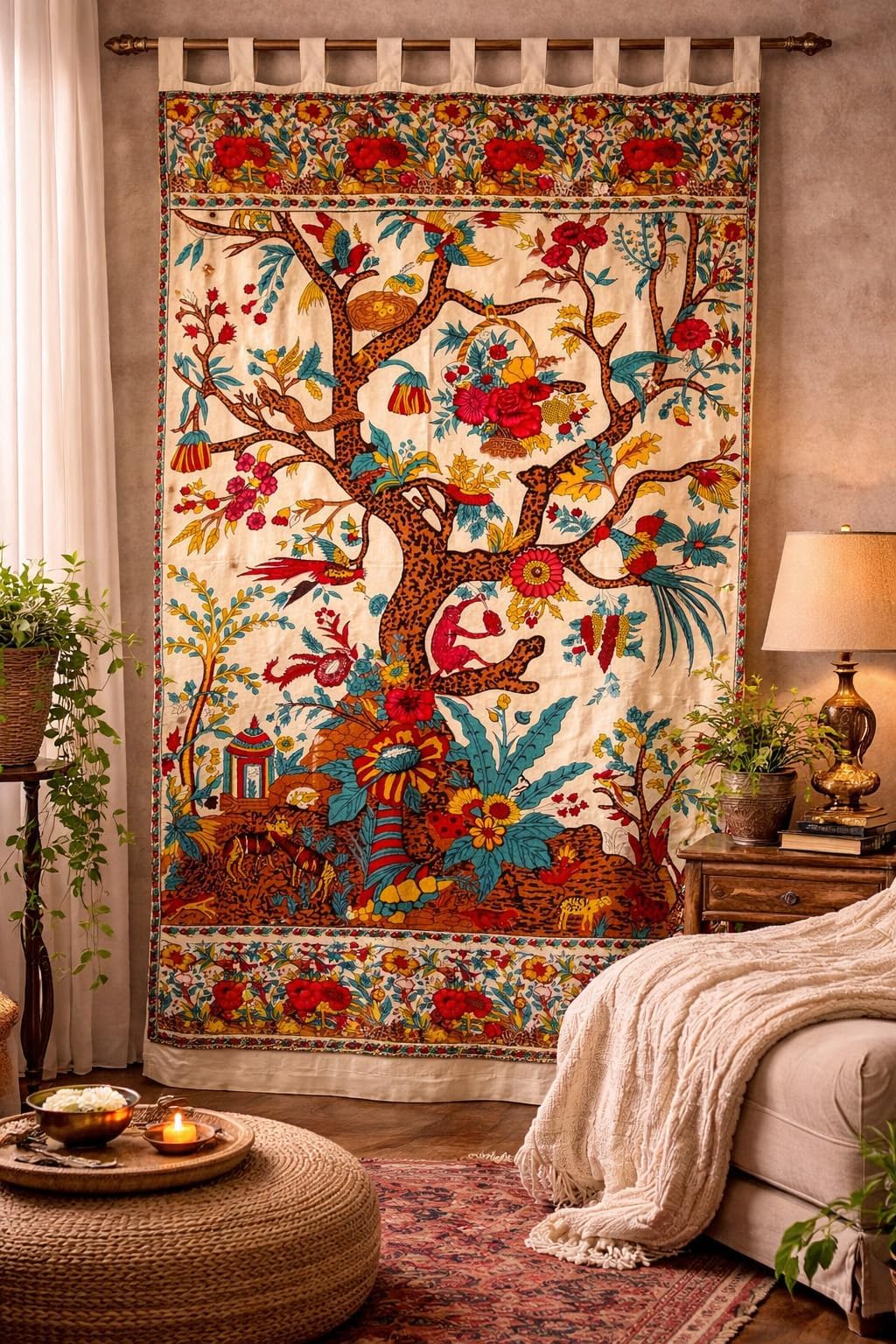 India Arts Tree of Life Tab Top Curtain Drape Door Panel 44 x 88 Inches Cream 100% Cotton