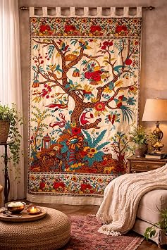 India Arts Tree of Life Tab Top Curtain Drape Door Panel 44 x 88 Inches Cream 100% Cotton