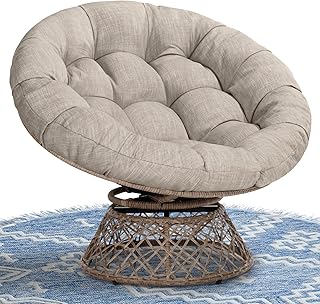 Bme 40" Ergonomic Wicker Papasan Chair with Soft Thick Density Fabric Cushion, High Capacity Steel Frame, 360 Degree Swivel for Living, Bedroom, Reading Room, Lounge, Silver Cloud - Brown Base