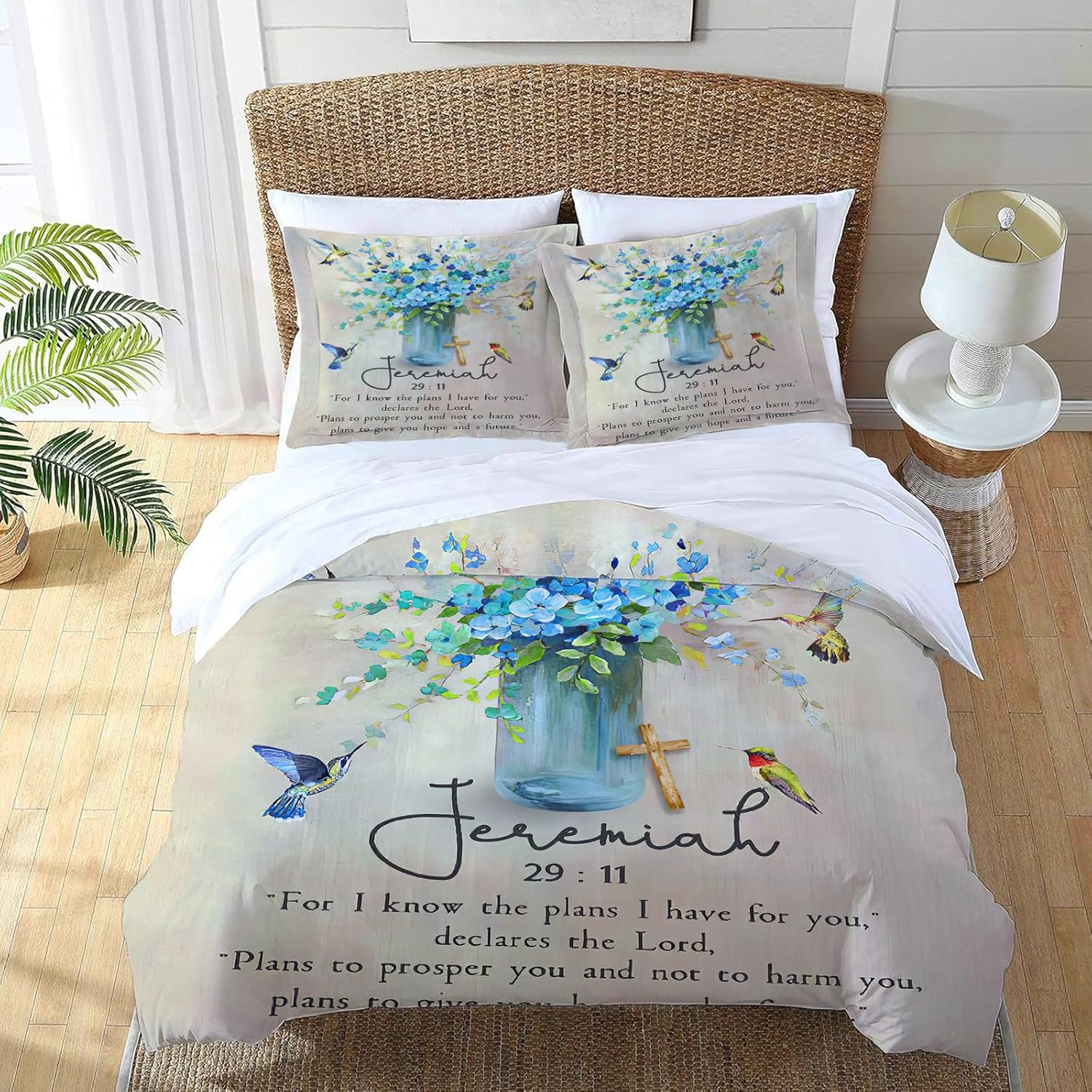 Christian Scripture Bedding Set Twin Full Queen King Size Religious Jeremiah Flower Duvet Comforter Cover Hummingbird Cozy Quilt Cover Decorative Soft Bed Sets with 2 Pillowcases for Kids Adults