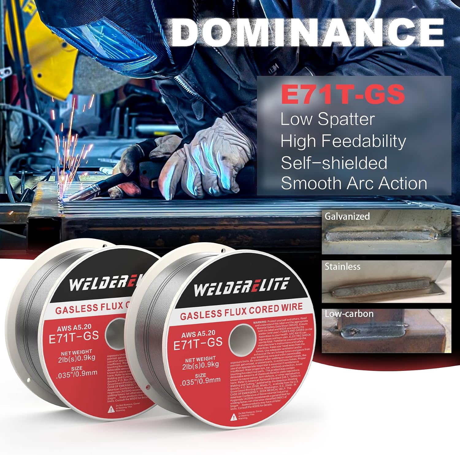 2-Pack 0.035" Gasless Flux Core MIG Wire, 2lb Each, E71T-GS, Perfect for Welding Galvanized, Stainless & Mild Steel Projects