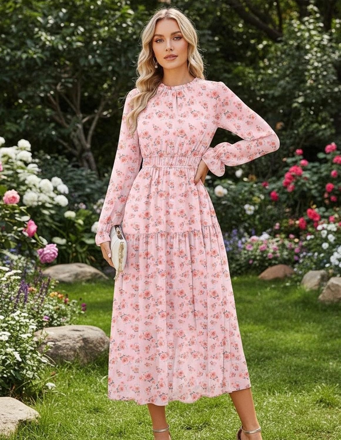 GRACE KARIN Women's Long Sleeve Maxi Dress 2026 Chiffon Flowy Wedding Guest Dresses Floral Dress with Pockets