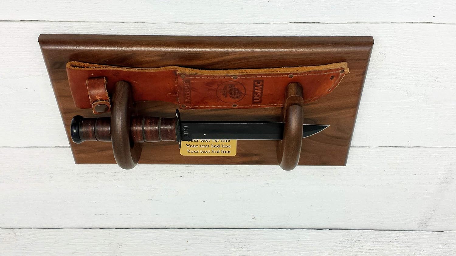 KA-BAR USMC Knife Display Holder Solid Walnut Wood Custom Personalized Text. Handmade in Oakville, MD, USA.