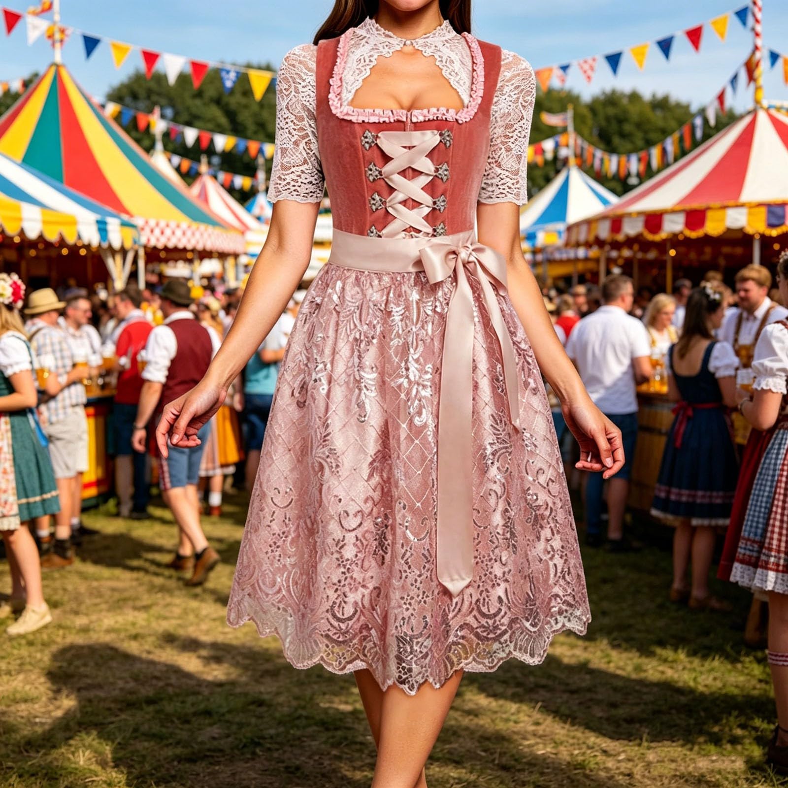 Dirndl Midi Damen Kleid Modern Oktoberfest Outfit Dindl Langes Lang Trachtenrock Mit Bluse Diensl Trachtenkleid Große Größen Stretch Grosse Grössen Samt 70 cm Dirndlschürze Spitze