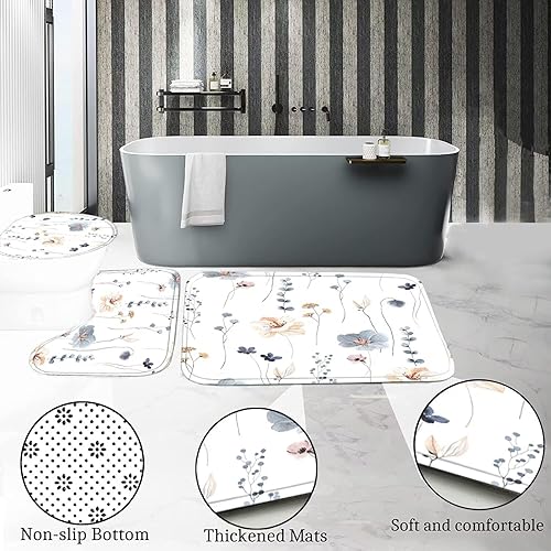 Miniatura 5 de DDQQ Juego de 4 cortinas de ducha de flores de acuarela con alfombras antideslizantes, cubierta para tapa de inodoro y tapete de baño, cortina de