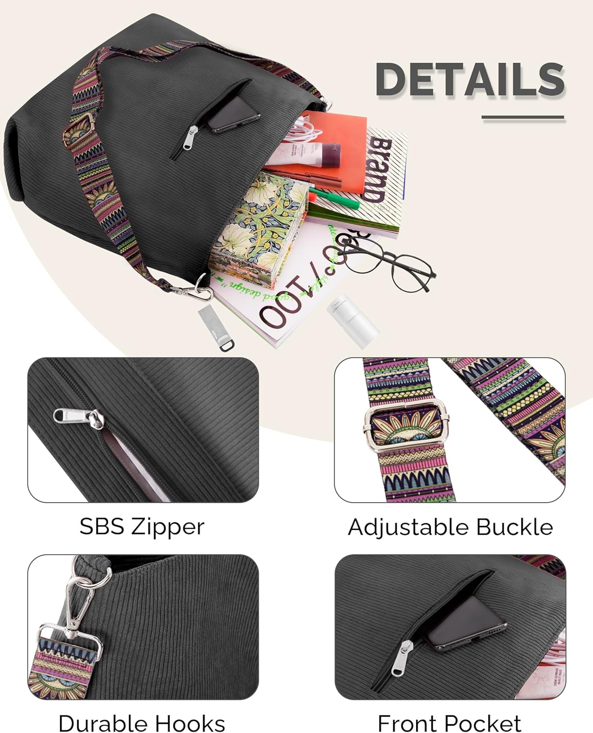 Prite Women’s Corduroy Tote Bag with Zipper, Stylish Shoulder Bag with Adjustment Straps for Work, Travel, Daily Use - Image 6