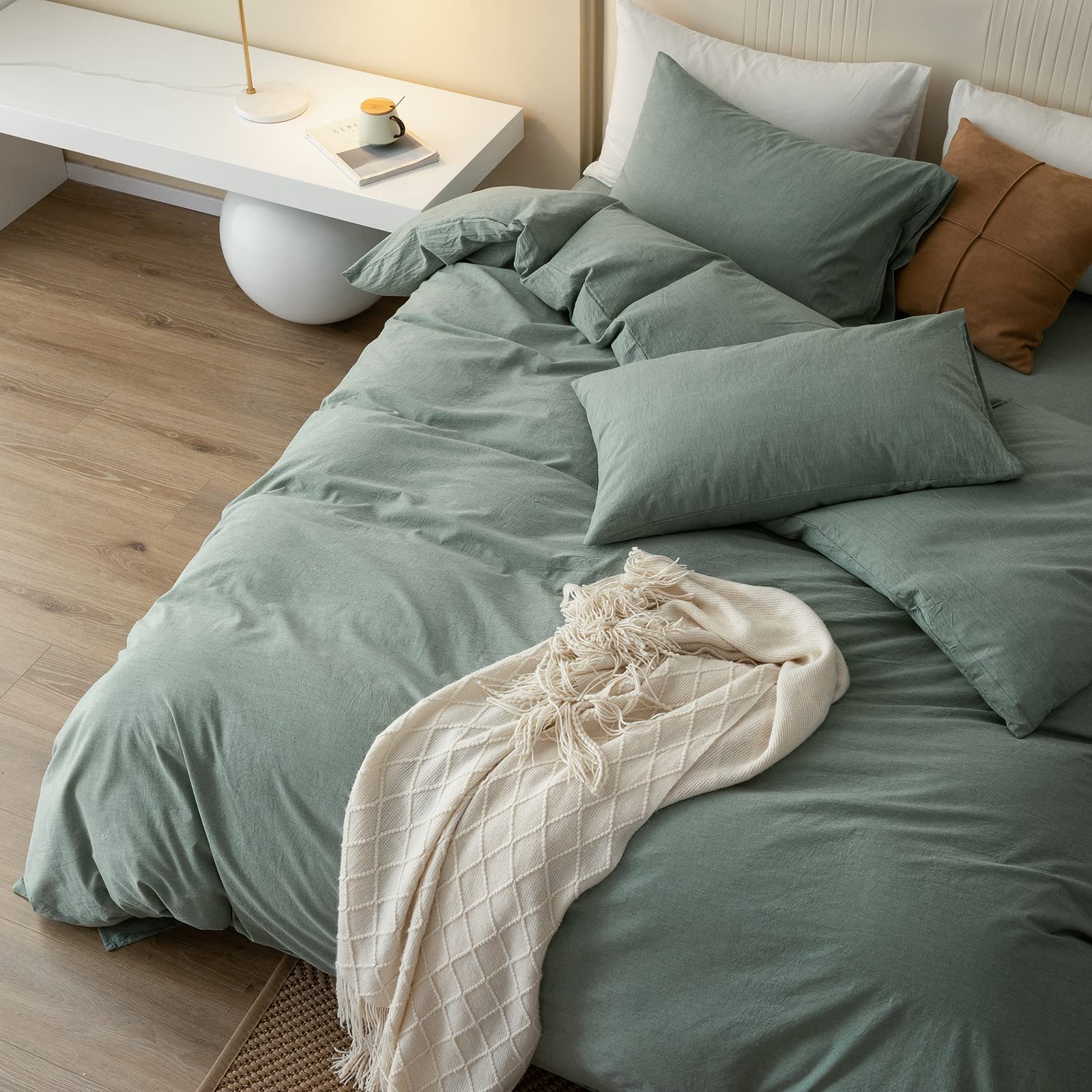 JIYUAN 100% Washed Cotton Duvet Cover Set Comfy Simple Style Soft Breathable Textured Durable Linen Feel Bedding for All Seasons Queen Size,Solid Green