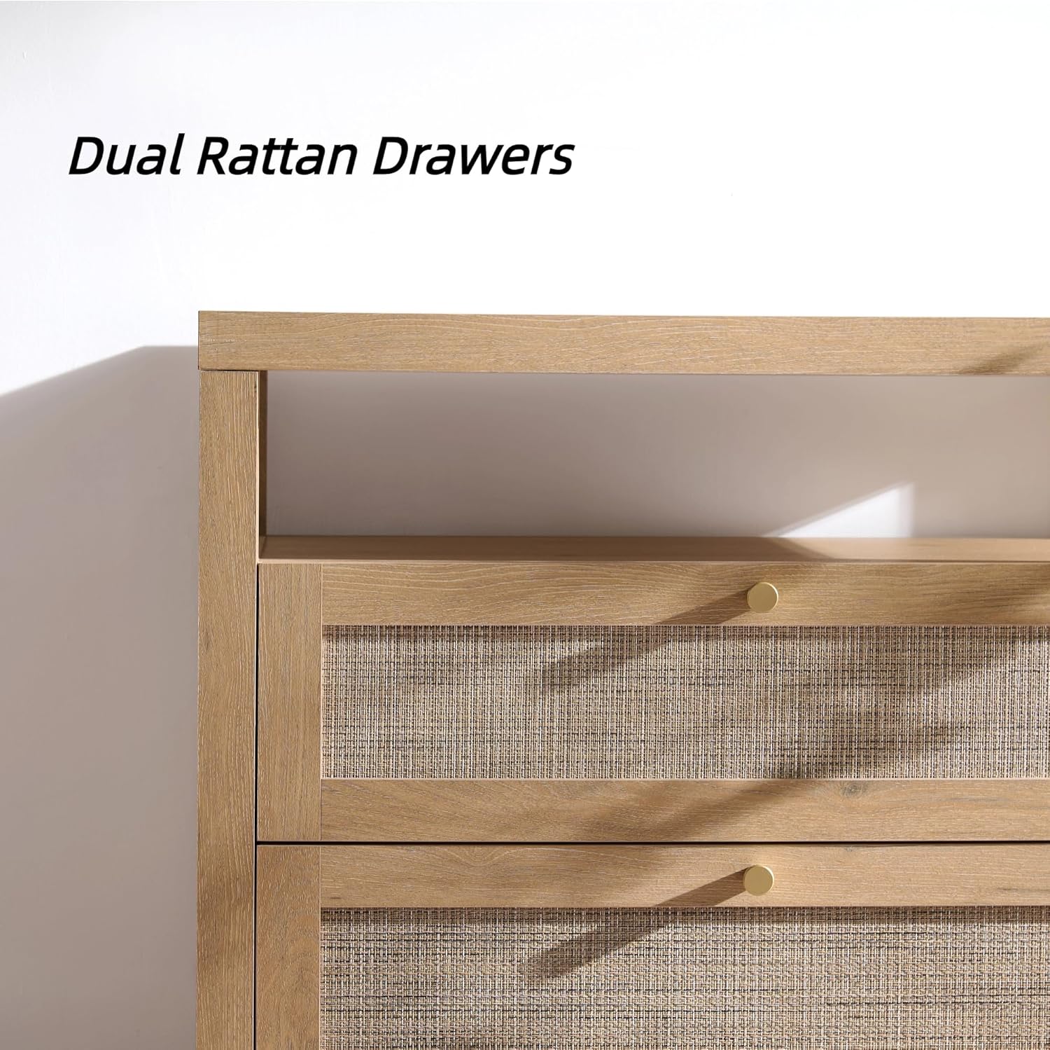 VividVibe Natural Oak Night Stand Set 2, Nightstand with Drawers and Storage Shelf - Rattan Boho Bedside Tables Large Nightstands Wooden Bed Side Table, Modern Farmhouse Accent Rustic End Table