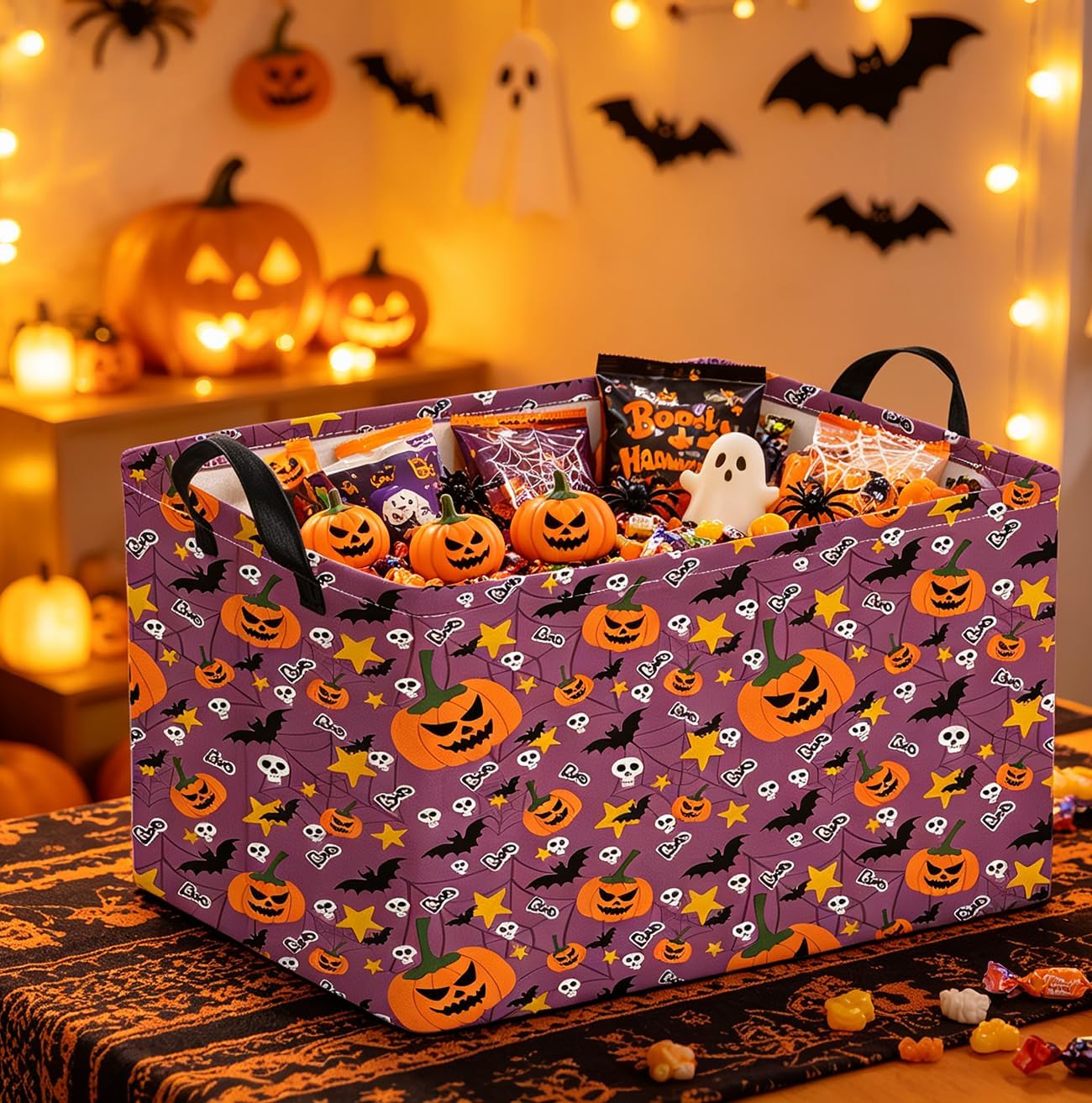Rectangle Storage Basket with Handles for Kids,Cute Organizer Toy Bin,Gift Basket for Boys and Girls,Room Decor(Purple Pumpkin Halloween) image 4